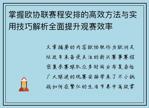 掌握欧协联赛程安排的高效方法与实用技巧解析全面提升观赛效率