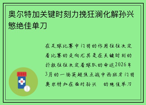 奥尔特加关键时刻力挽狂澜化解孙兴慜绝佳单刀